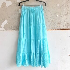 Boho Eyelet Maxi Skirt Tiered Cotton Peasant Scalloped Hem Turquoise Blue‎ M NEW
